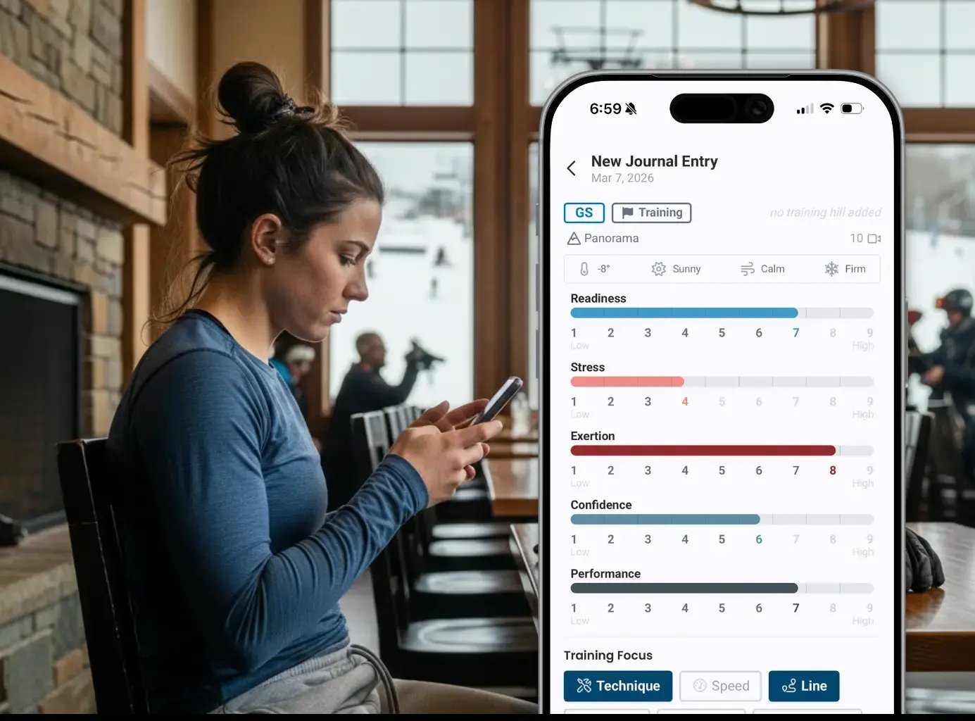 SkiCam athlete training journal entry